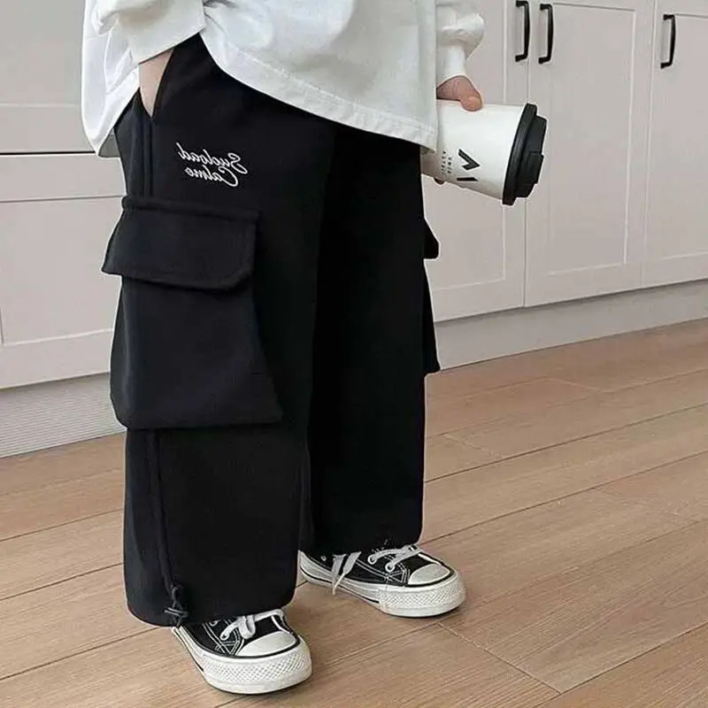 Black/grey Sweatpants Teen Boys Handsome Loose Straight Wide Leg Pants Streetwear Joggers Boys Pocket Casual Pants 2-12 Y