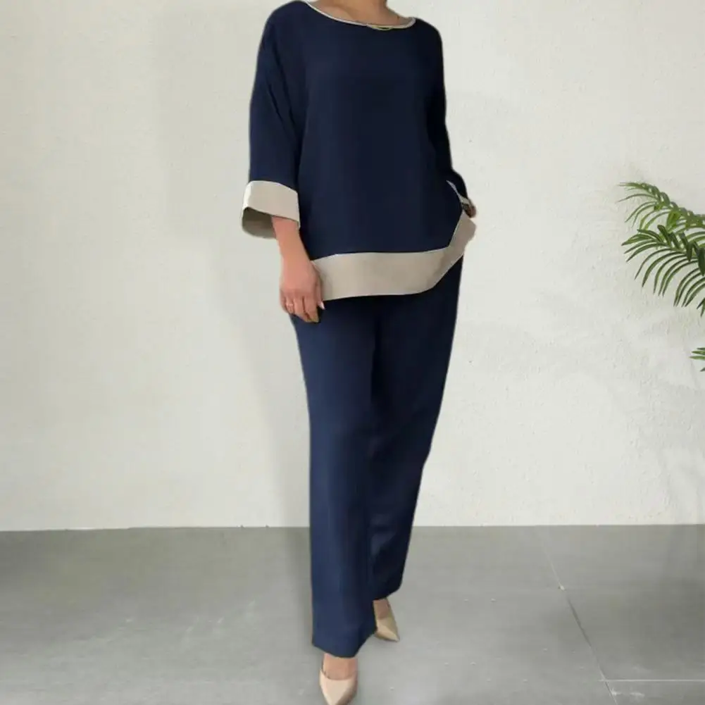 Wide Leg Trousers Set Stylish Women's Top Pants Set with Round Neck Three Quarter Sleeves Contrast Color T-shirt High for A