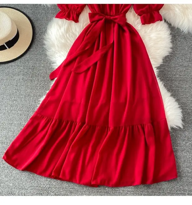 Beach Dress Women Sexy Off The Shoulder Slash Beach Chiffon Dresses Ladies Elegant A Line Bandage Party Dress Long Robe