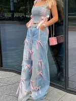Designer Bow High Rise Women’s Jeans Wide Leg Denim Pants For Woman Washed Jeans with Pockets Baggy Denims Trousers 1
