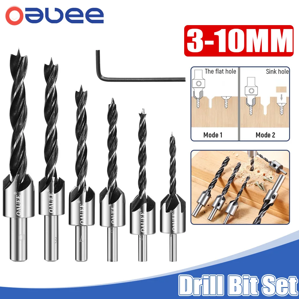 3-10mm HSS Countersink Drill Bit Set Reamer Woodworking Chamfer Boring Drill L-wrench Counterbore Hole Cutter Screw Hole Drill