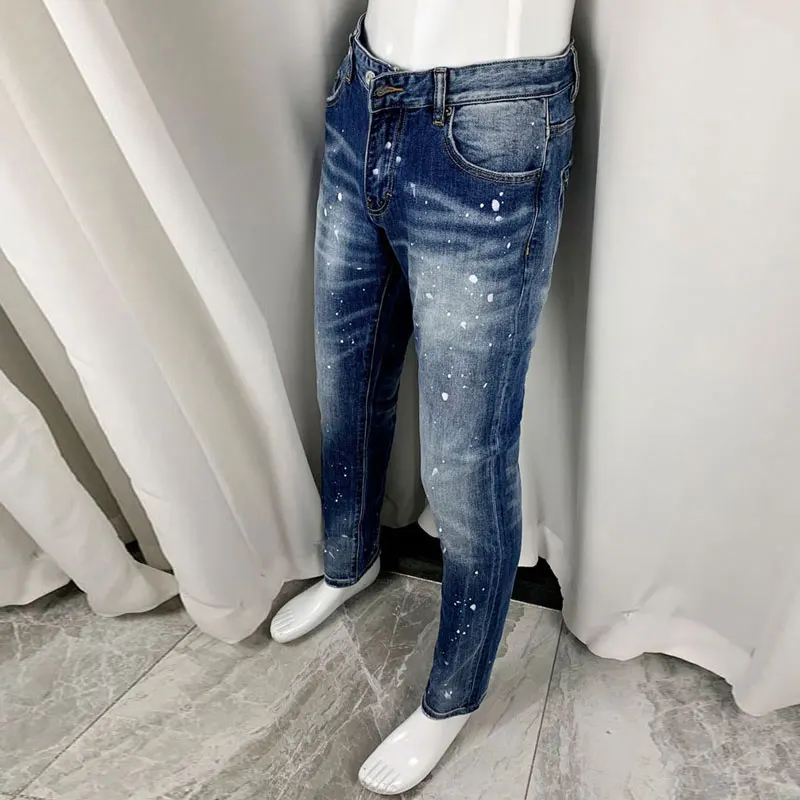 Newly Designer Fashion Men Jeans High Quality Retro Blue Stretch Slim Fit Ripped Jeans Men Painted Hip Hop Brand Pants Hombre
