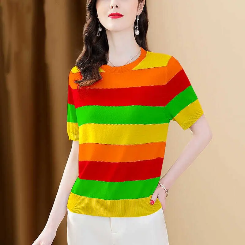 Fashion O-Neck Knitted Striped Color Blouse Female Clothing 2023 Summer New Loose Casual Pullovers Short Sleeve Commute Shirt