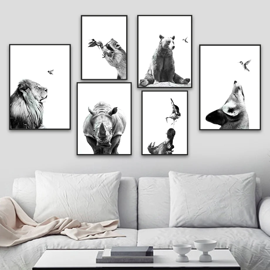 

Fox Rhino Raccoon Bear Hippo Hummingbird Wall Art Canvas Painting Nordic Posters And Prints Wall Pictures Kids Room Decor