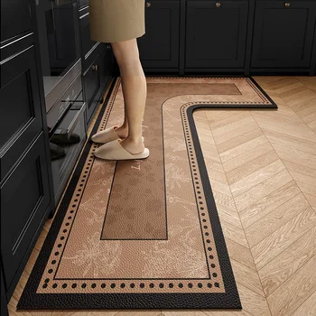 Tappetino da cucina Tappeto antiscivolo impermeabile in PVC a forma di L Tappetino in pelle marrone Tappeto floreale Texture Tappeti decorativi per la casa 1