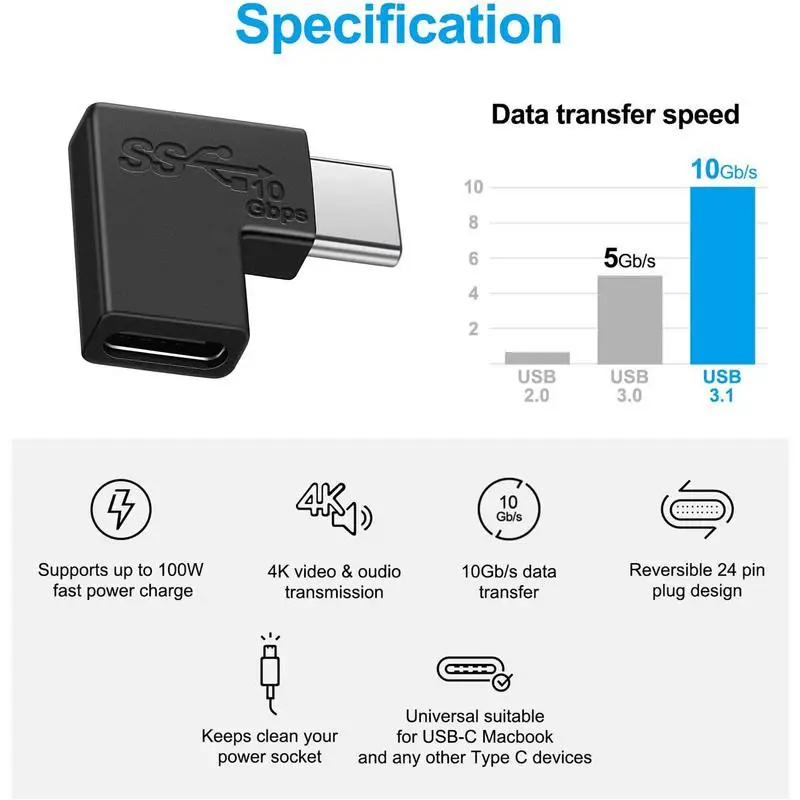 90 도 직각 USB C 타입 암에서 암 변환기 어댑터, 스마트폰 노트북용, 10GBbps 속도 고속 충전