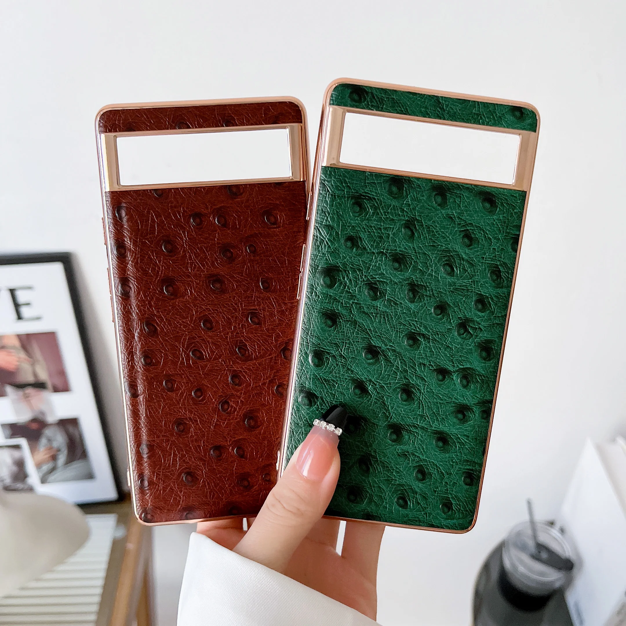 Retro Genuine Cowhide Leather Phone Case for Google Pixel 8 7 Pro 6A  Classic Ostrich Skin Pattern Glossy Frame Armor Back Cover