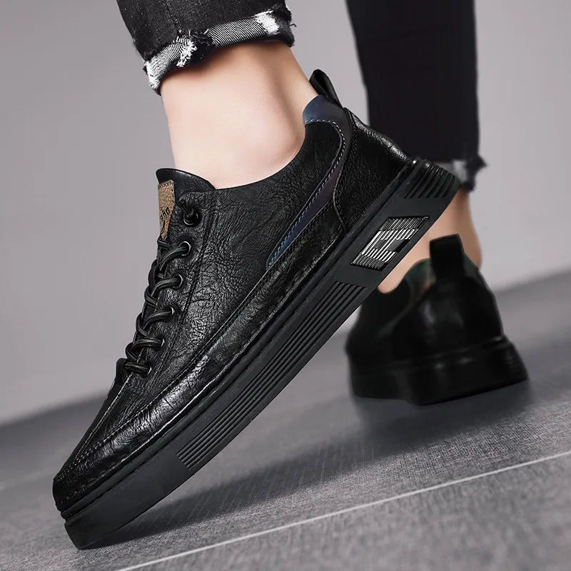

39-44 Seasons Men's Shoes Leather Black Work Shoes Youth Student Korean Edition Sports Shoes Casual Low Top Board Shoes