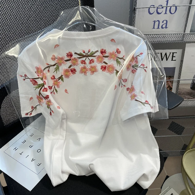 

Retro Embroidered Flower Short Sleeve White T-shirt For Women Summer Oversize Leisure Loose Tops Female Simple Solid O-neck Tees