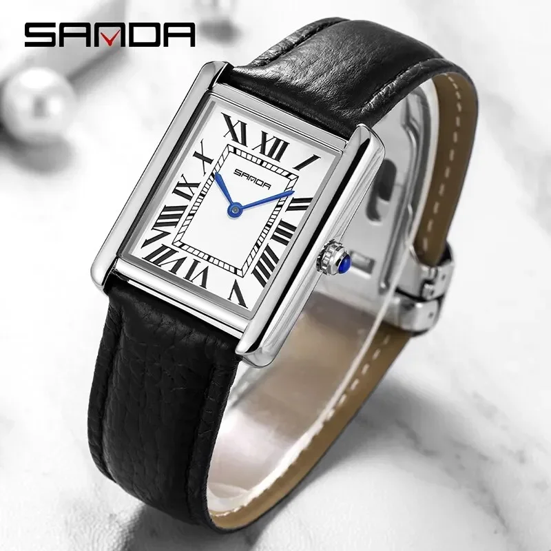 SANDA 9031 Luxury Couple Watch Wear Resistant Leather Strap Square Dial Waterproof Sport Casual Women Men Quartz Watches Reloj 2