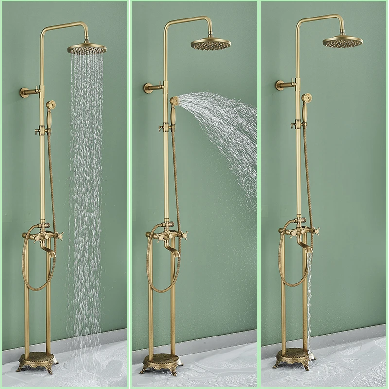 Antique Brass Floor Mounted Bathtub Faucet Free Standing Bathroom Shower Mixer Tap with Handshower 1.5~2m Rainfall Shower System 2