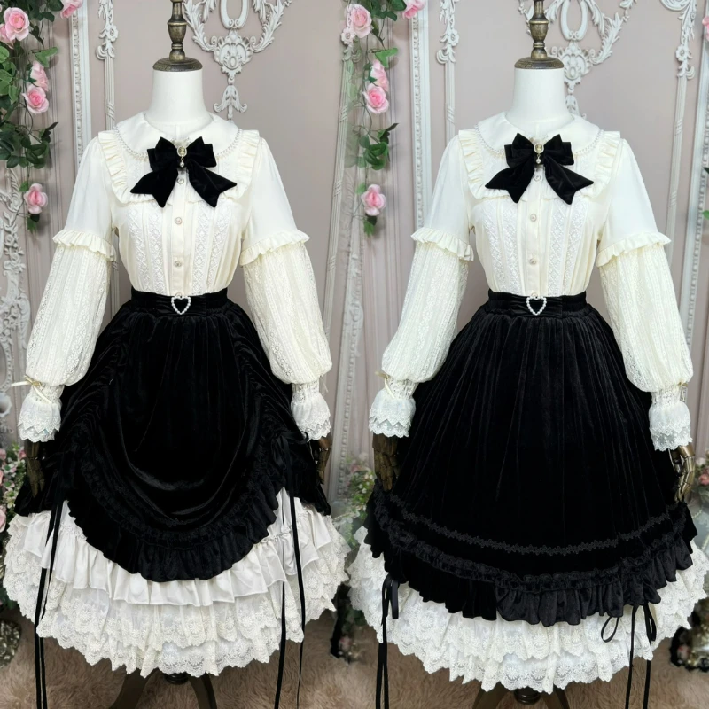 

Victorian Vintage Lolita Velvet Skirt Women Elegant Elastic High Waist Pearl Bow Bandage Skirts Female Fashion A Line Long Skirt