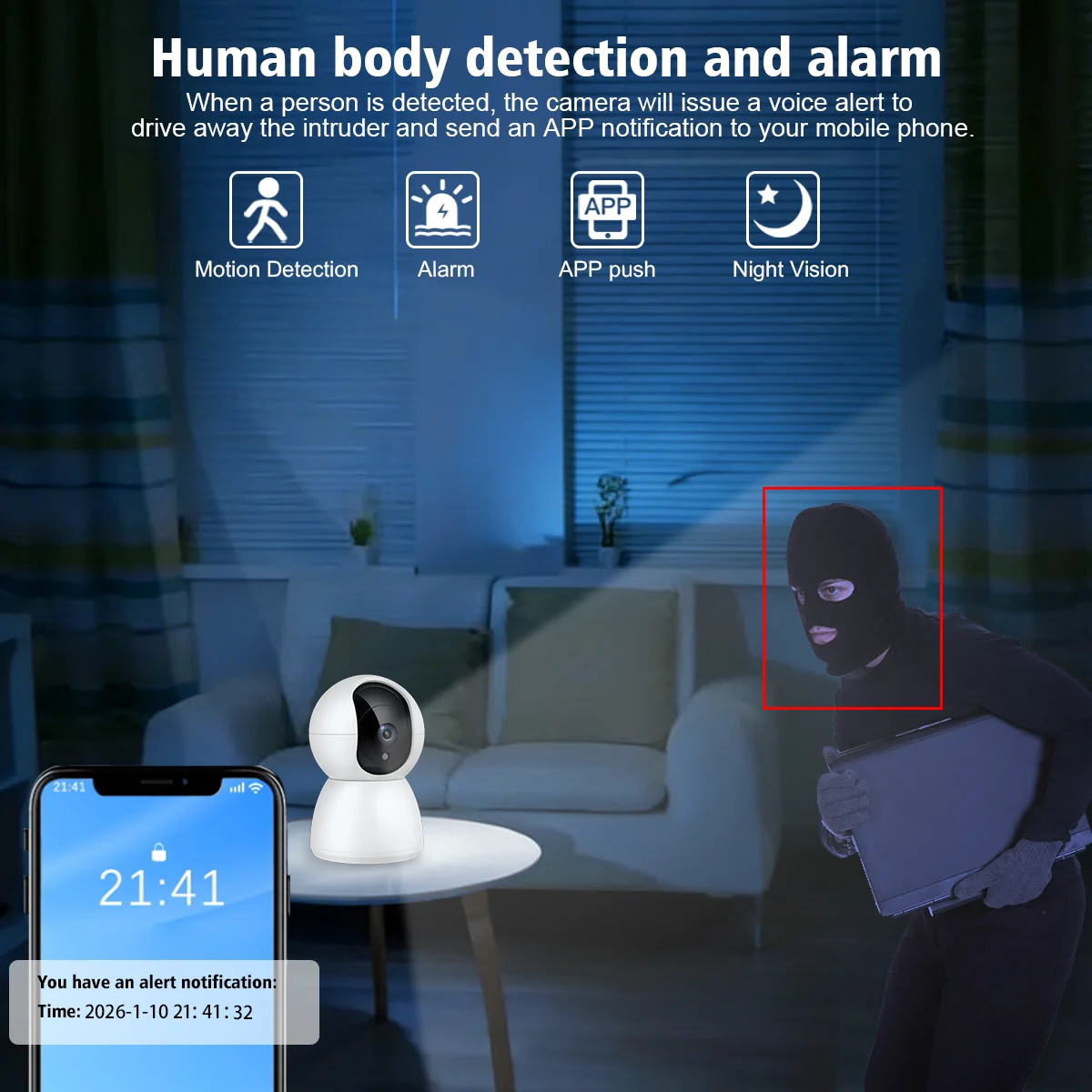 1080P WiFi IP Camera 355° Pan 90° Tilt PTZ Home Security Camera Two-way Audio Night Vision Motion Detection Baby Monitor 5