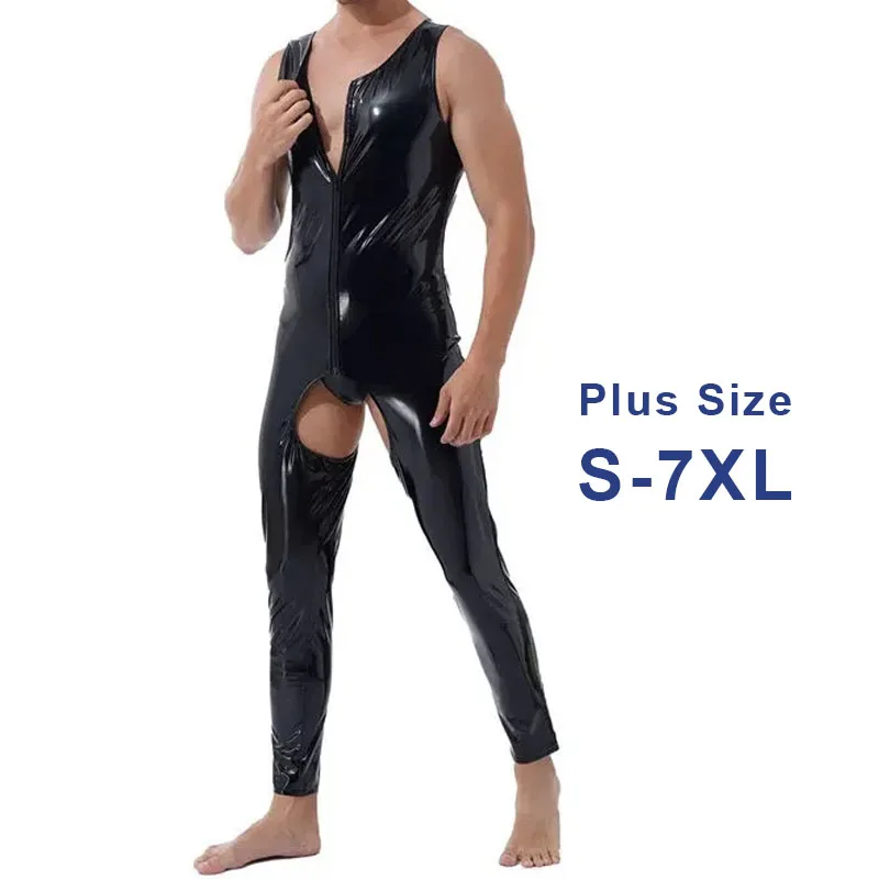 

Large Men's PVC Bright Leather Sexy Open Crotch Stretch Bodysuit One Piece Bodysuit Male cosplay gay Clubwear Tights Catsuit