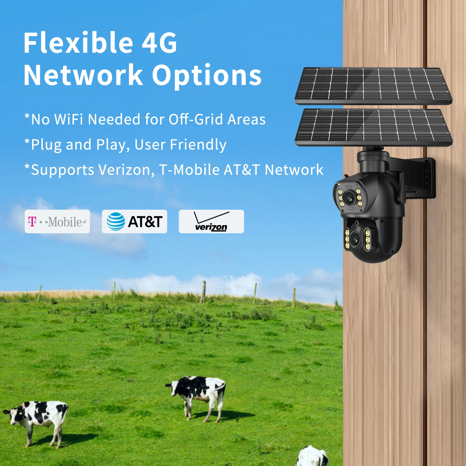 8MP 4K Solar Powered 4G SIM Card Camera 64G door Dual Lens Binocular Network Camera PIR Human Body Sensing Video Security Camera 2