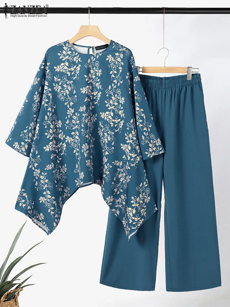 ZANZEA Fashion Long Sleeve Floral Blouse Trousers Suits 2pcs Vintage Urban Tracksuit Women Holiday Matching Sets Muslim Sets