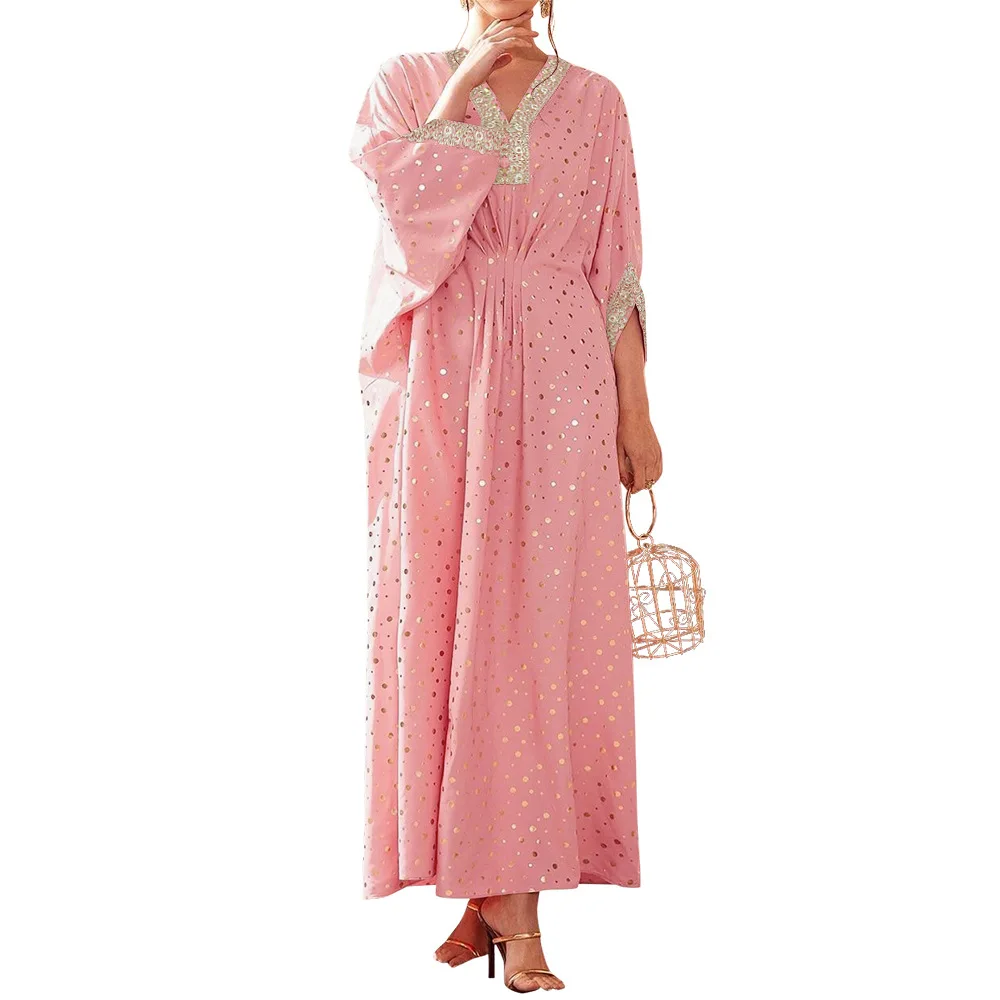 Moroccan Kaftan Abaya Dubai Polka Dot Bronze Muslim African Maxi Dresses for Women Party Dress Loose Arabic Abayas Isalm Modest