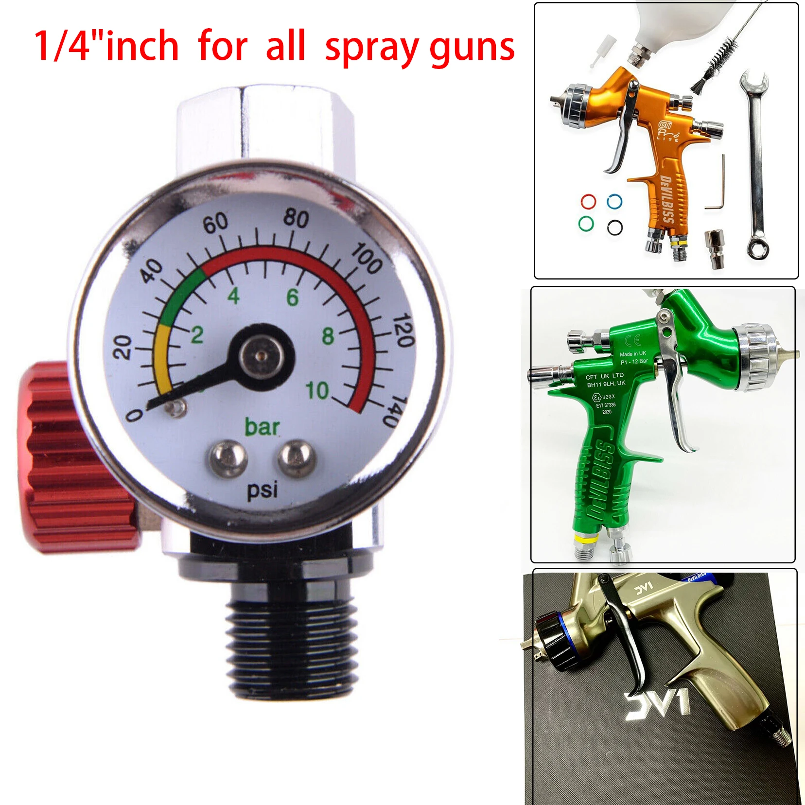 1 Pz Auto Regolatore D'Aria Manometro Strumento Adatto Per Devilbiss Iwata 0-140 Psi Nuovo