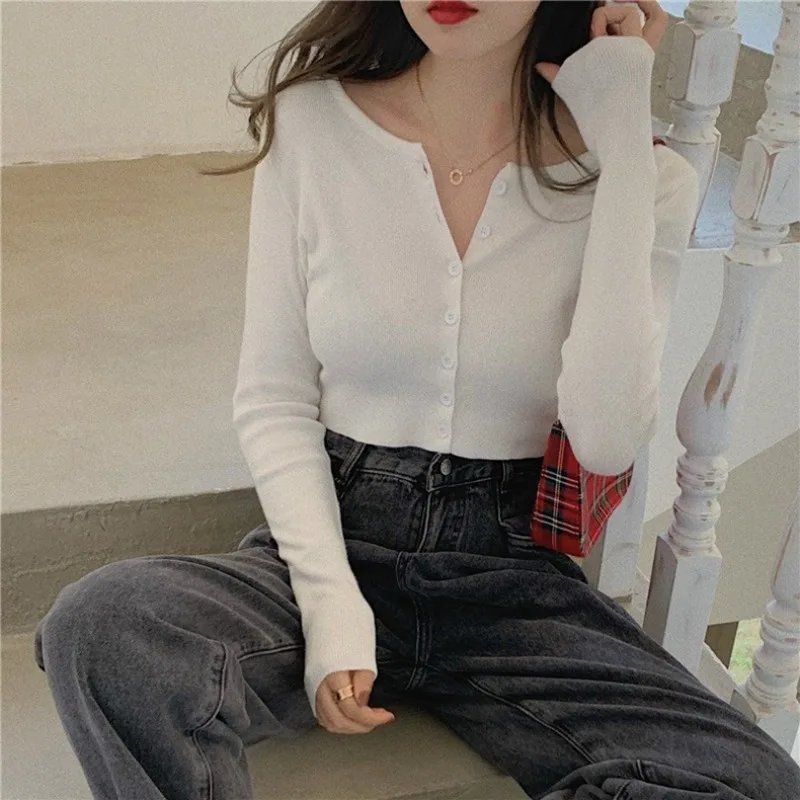 

2023 Fashion Long Sleeve Sun Protection Korean Style Women O-neck Knitted Cardigan Short Sweaters Button Crop Top 28116