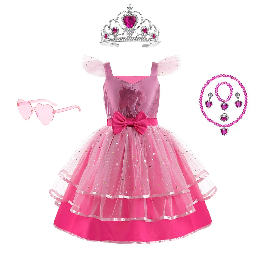 

Girls' New Barbie Bow Print Small Flying Sleeve Cosplay Dress for Graduation Party Sweet and Cute Fashion Mesh Dress