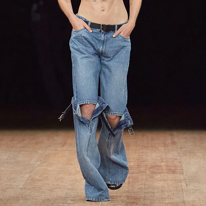 Women's Elastic Denim Straight Leg Pants, Spicy Girls Street Fashion Belt Decoration and Splicing, Water Wash, New, Autumn, 2023