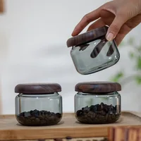 1 Piece 300ml 10oz Air Tight Acacia Walnut Wood Lid Grey Glass Storage Jars Dry Food Snack Candy Sugar Spice Coffee Bean Jar 1
