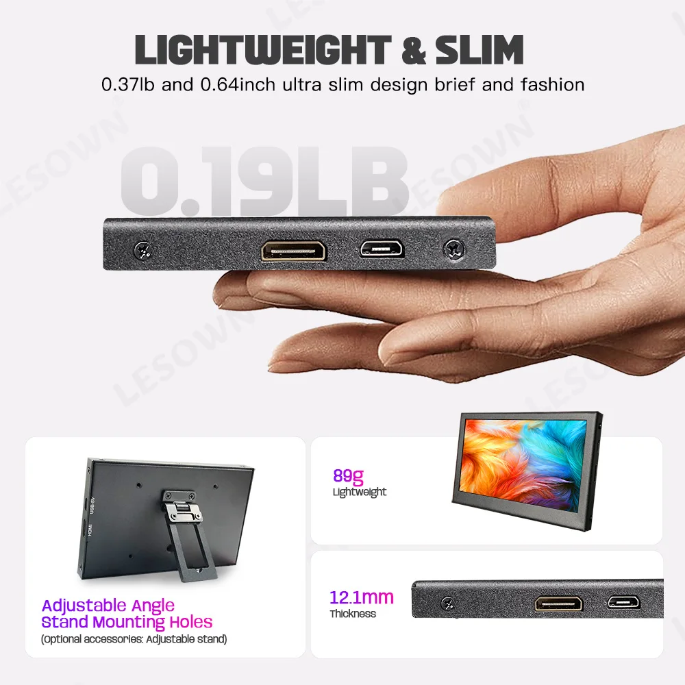 LESOWN 초소형 모니터 4.3 인치 800×480 IPS HDMI USB Edge 보조 디스플레이 Windows PC 노트북 게임용 휴대용 모니터