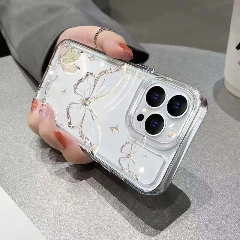 Elegant Gold Butterfly Transparent Shockproof Phone Case with Soft Back Cover