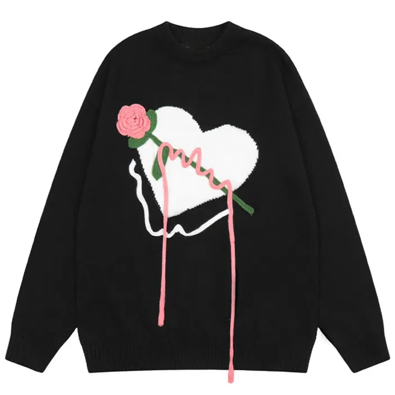 

2023 Vintage Sweater Men Retro Love Rose Knitted Sweater Hip Hop Streetwear Harajuku Japanese Style Oversized Pullover Knitted
