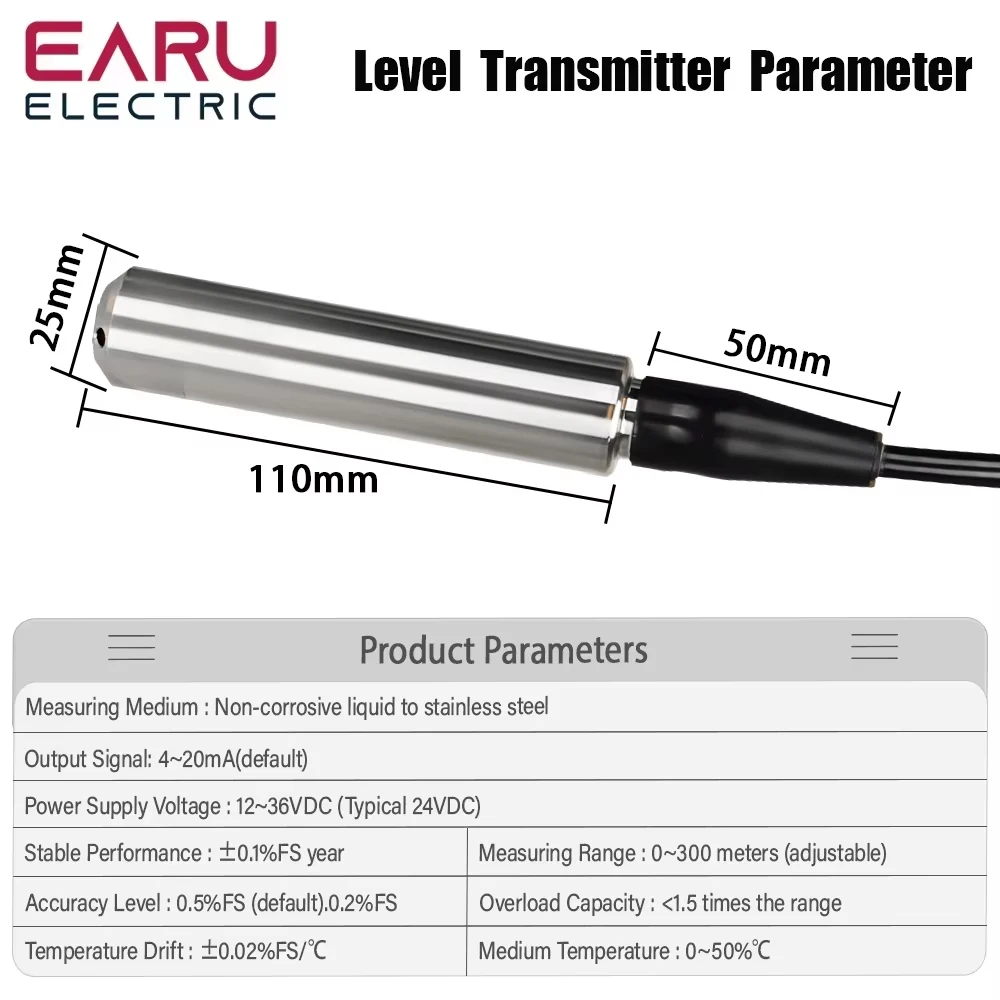 Liquid Level Sensor 4-20MA Output Integral Level Transmitter Liquid Oil Water Level Sensor Probe Detect Controller Float Switch 1-10m RS485 for Pump