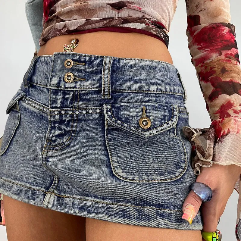 

Vintage Diamonds Denim Mini Skirts Y2K Aesthetic Korean Kawaii Low Rise Skinny Wrap Bodycon Jeans Penceil Skirt Women Streetwear