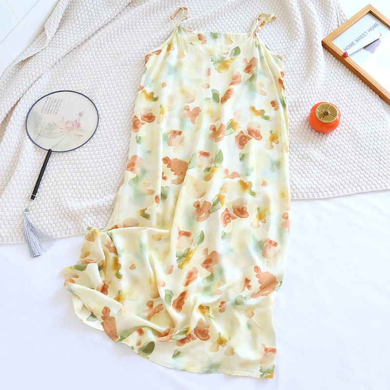 2024 New Women's Summer Sleeping Skirt with Viscous Fiber Soft and Comfortable Printed Slim Fit and Gentle Sleeping Skirt Ladies