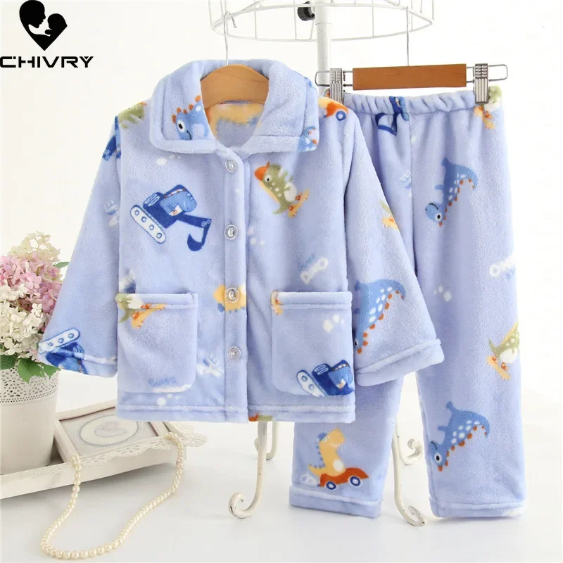 Conjuntos de pijama de flanela infantil manga comprida, tops de lapela com calça, roupas de dormir quentes, desenhos animados, meninos, meninas, outono, inverno, novo, 2023