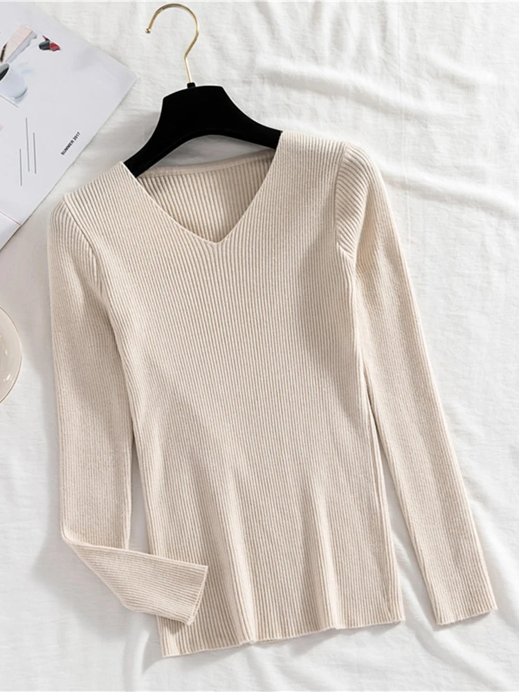 Zoki seksi V boyun kadın kazak kazak moda sonbahar kış uzun kollu örme Jumper üst rahat kore ince temel bluz