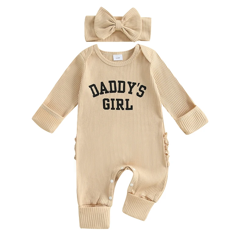 Baby Girls Rompers Letter Print Frills Round Neck Long Sleeve Infant Bodysuits Jumpsuits with Headband