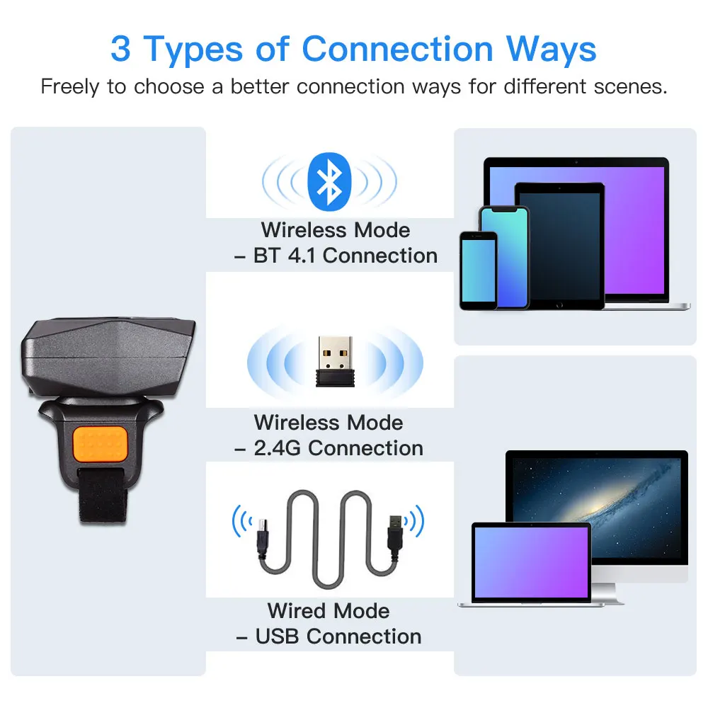 Eyoyo EY-016 1D&2D Wearable Bluetooth Barcode Scanner USB Wired QR Reader For Store Warehouse Finger Trigger Buttton Scanning