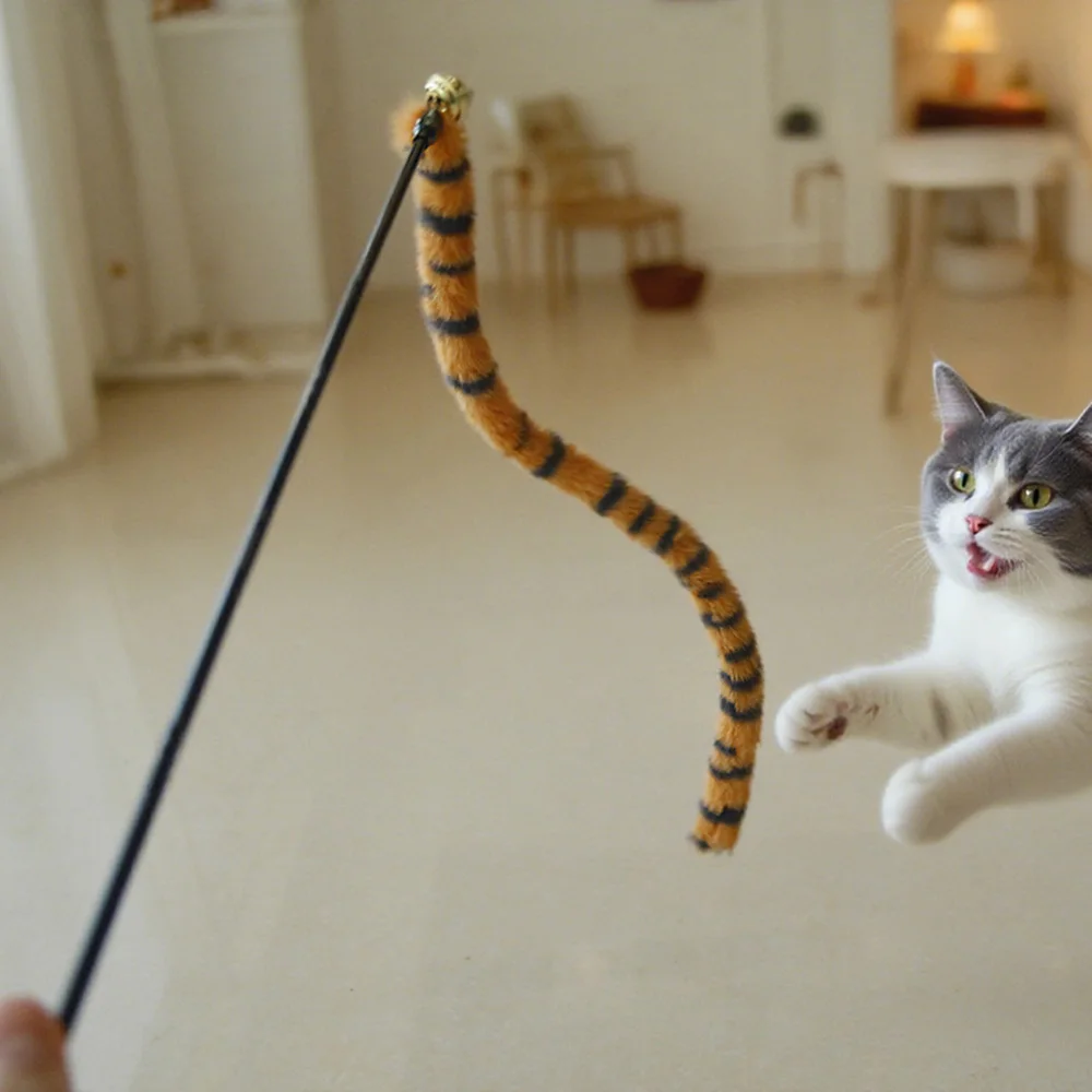 Cat Worm Tail Teaser Wand with Bell - Plush Interactive Cat Toy for Kittens, Relieves Boredom, Chew & Teething Aid