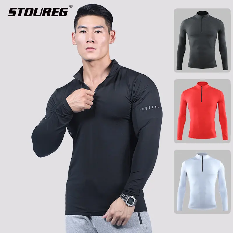 

Men Women Long Sleeve Fitness Shirts,Unisex Running Zipper Stand Collar Training Clothes,Women Elastic Shorts Sleeve Gym Top