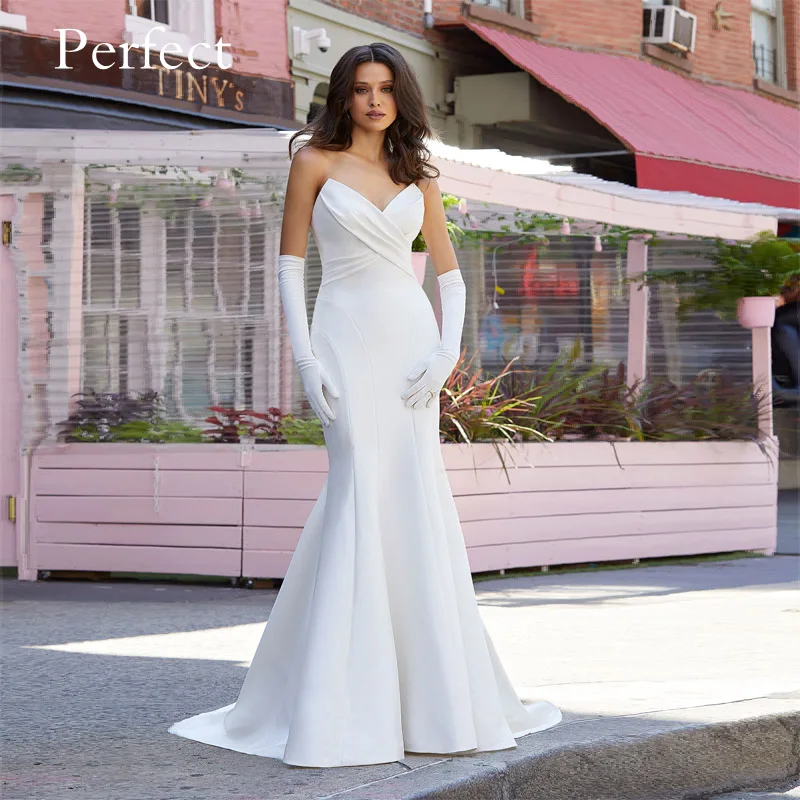 

PERFECT Elegant Mermaid Satin Simple Bridal Gown Strapless V Neck Sexy Button Back Removable Sleeve Wedding Dress Robe De Mariee