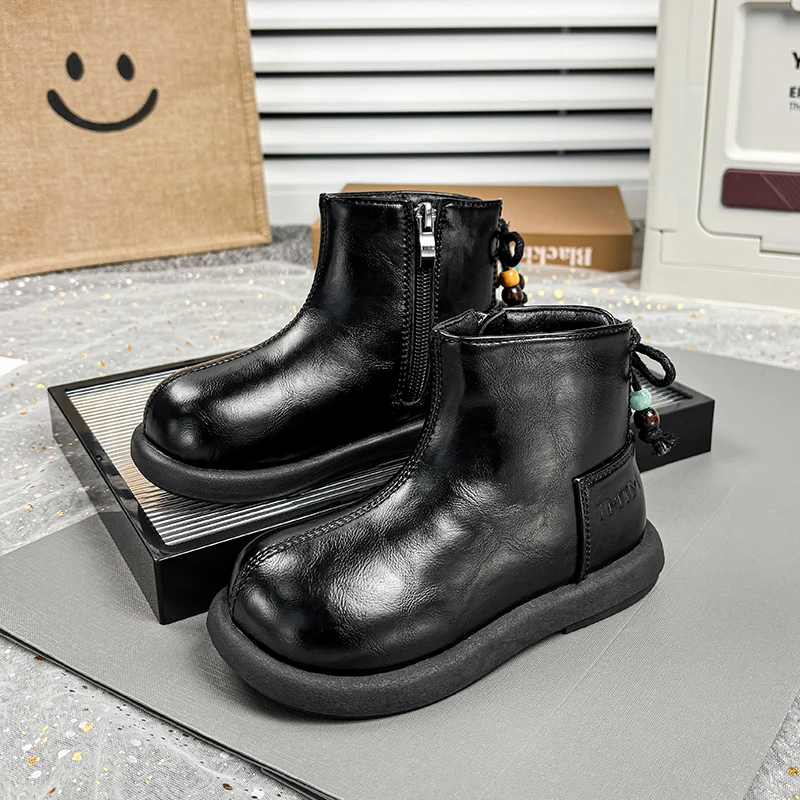 Leather Ankle Boots for Girls with Beaded Bow Non Slip