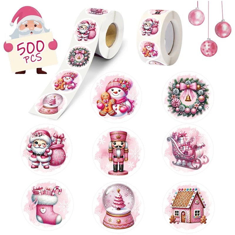 500pcs Merry Christmas Stickers Round Pink Christmas Tags Stickers For ...