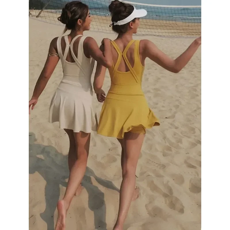 Dress Short Running Tennis Skirt Fake Two-piece One-piece Beautiful Back Yoga Suit Sports Fitness Suit Summer Women Tennisdress