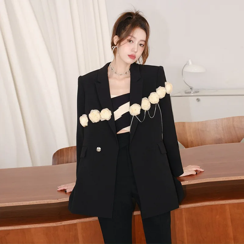 

2023 Fall Winter Women New Fashion Notched Long Sleeve 3d Rose Flower Appliques Chains Loose Casual Black Blazer Outerwear