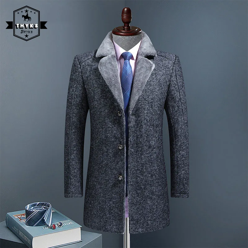 2022 Fur Collar Jacket Men Winter Thicken Woolen Overcoat Mid-length Suit Blazer Trench Coat High Quality Brand Form