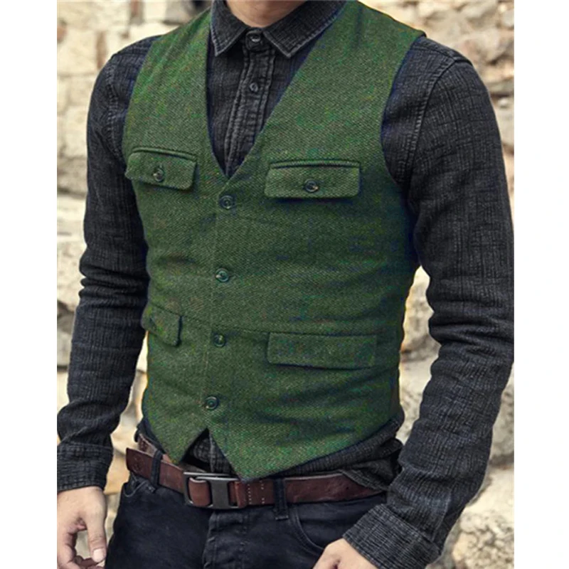 Mens Suit Dress Vests Men's Suit Vest Brown Burgundy Herringbone Wool Tweed Vintage Steampunk Waistcoat Formal Business Vests For Men Wedding