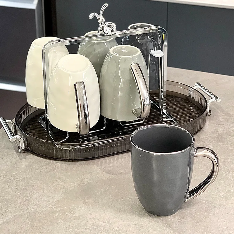 

Luxury ceramic cup High color water cup with drain tray Mug set Ceramic cup with hand gift wholesale