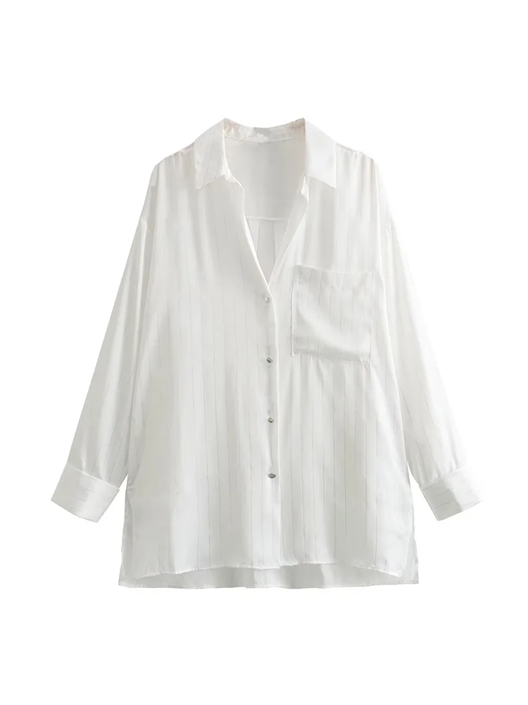 

Shirts For Women 2023 V Neck Collared Striped Satin Shirt Long Sleeve Top Button Up Elegant Office Oversized Shirt With Pocket