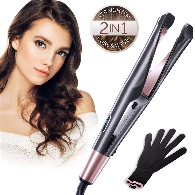 Hair Straightener Curler Iron 2 In 1 Pro Twist Hair Straightener And Curler Spiral Wave Curling Gold Titanium Flat Iron Straightening Curling Styling Tool