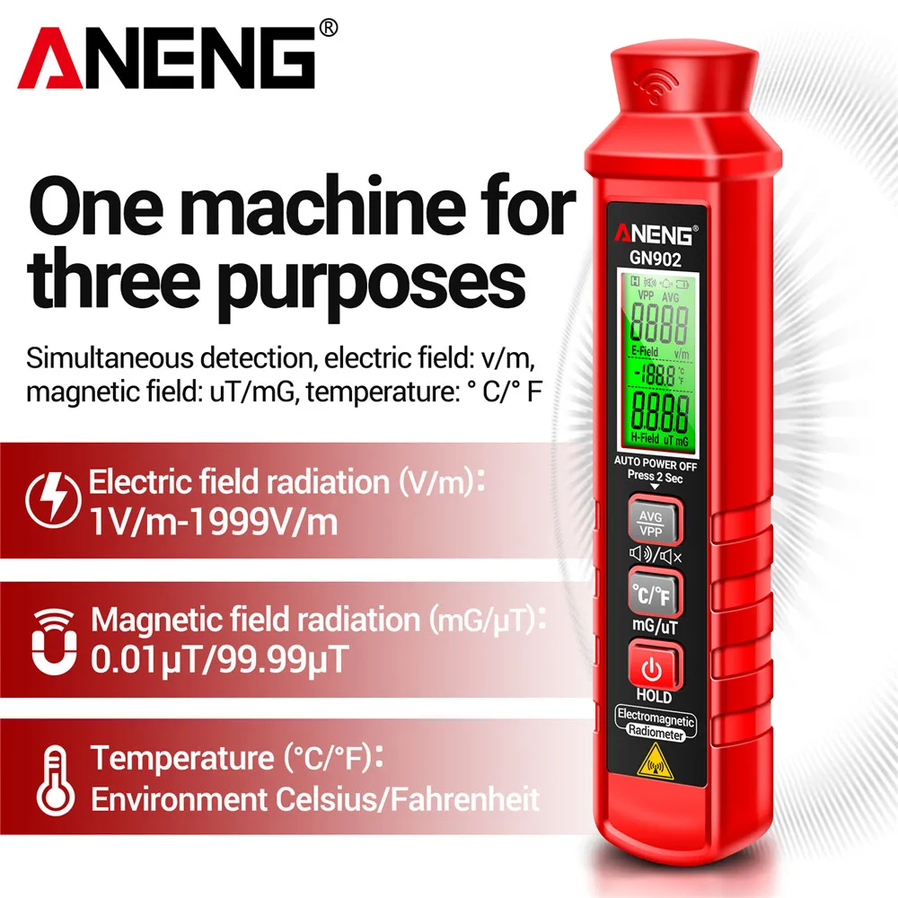 ANENG GN902 Electromagnetic Radiation Detector Temperature Tester Meter Magnetic Radiation Analyzer LCD Backlight Screen radiation detector emf meter tester