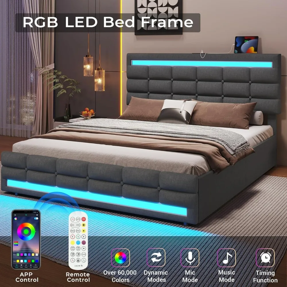 LED Bed Frame w 4 Drawers and 2 USB Charging Station Upholstered Platform Queen Size Bed Frame w LED Lights Headboard Footboard bed frame